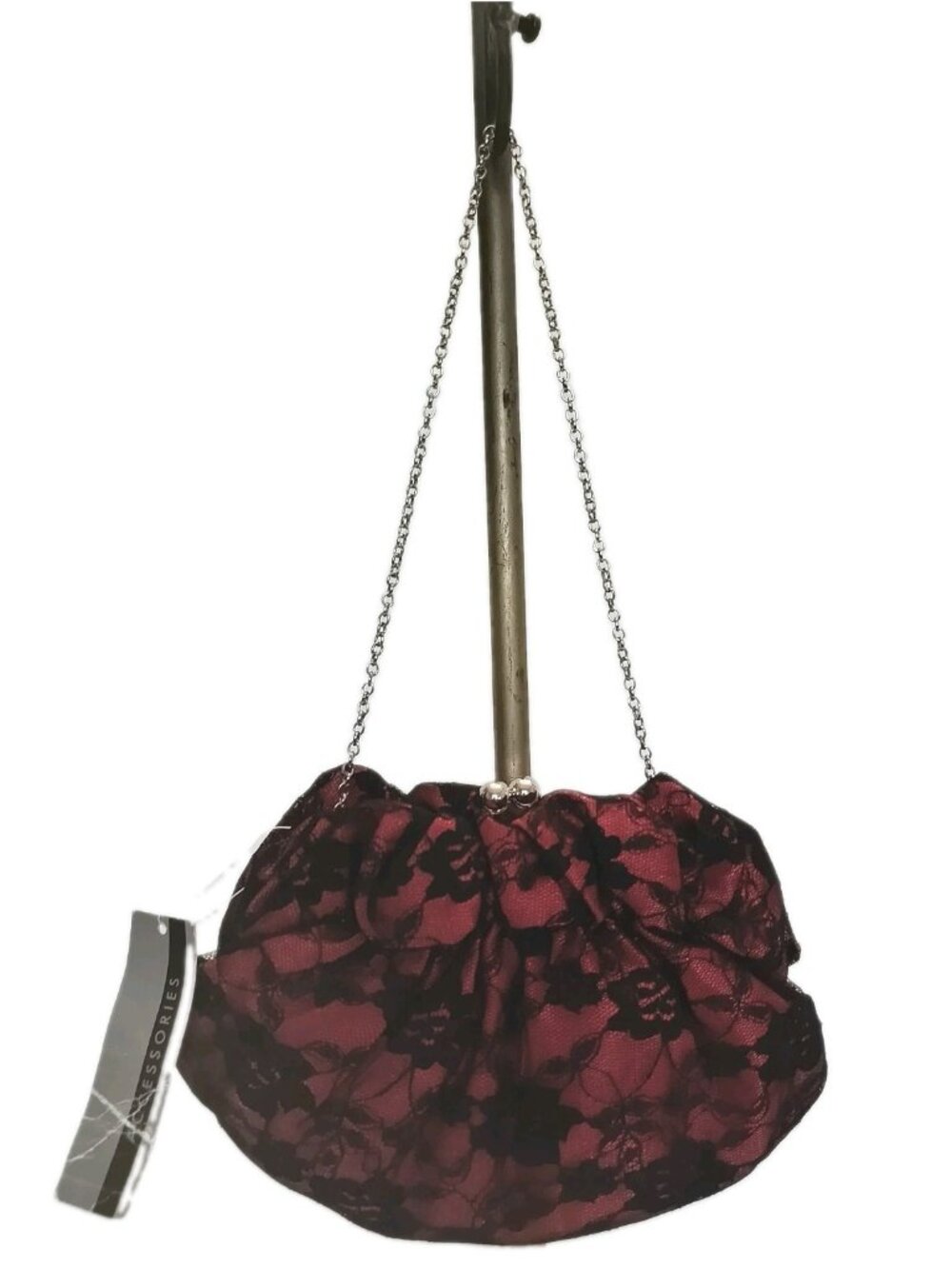 Accessories Red And Black Satin Lace Evening Clutch Bag With Silver Chain